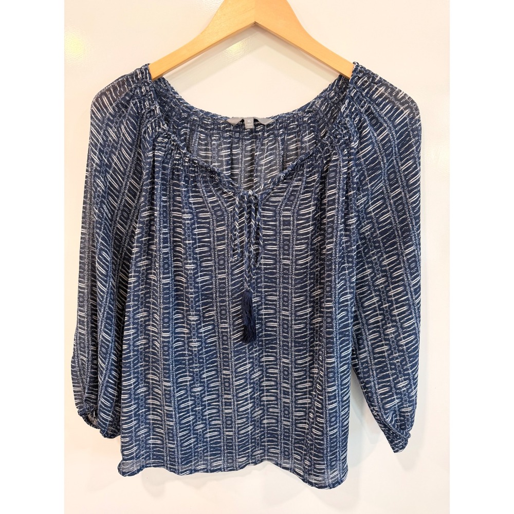 Daisy Fuentes Evening Blue Dash Print Peasant Blouse‎ XL Tassel Tie Scoop Neck